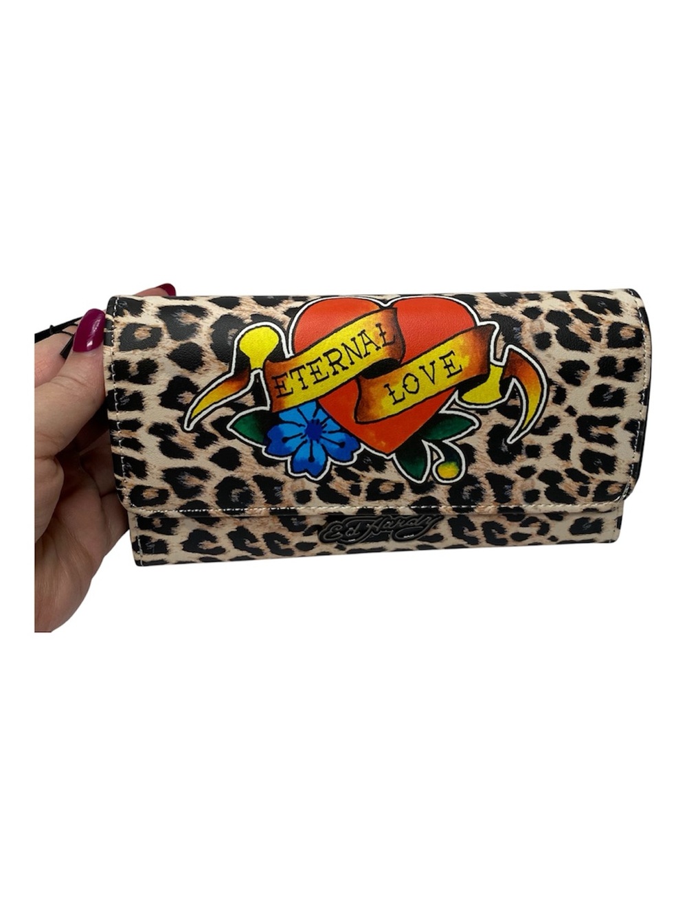 Ed Hardy Leopard Print Wallet with Red & Yellow Heart Tattoo Graphic